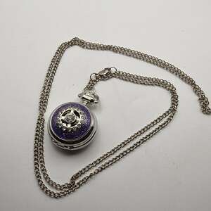 Purple Glitter Rhinestone Locket Pendant Necklace Women's Pocket Watch